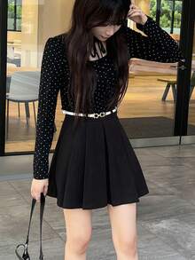 FRIFUL 女士黑色纯色褶裥短裙，百搭褶裥设计，休闲秋季款 - 黑色 - 查看 7