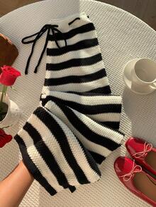 SHEIN EZwear Damen Hose mit Kordelzug in der Taille, gestreift, weites Bein, locker, Lässig, Strick