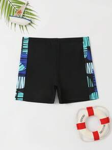 Tween Boys' Printed Splicing Swim Trunks Summer Holiday Summer Black Swim Bohemian Summer Holiday Cute - Black - View 1