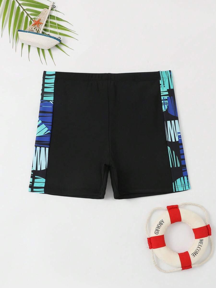 Tween Boys' Printed Splicing Swim Trunks Summer Holiday Summer Black Swim Bohemian Summer Holiday Cute - Black - View 1