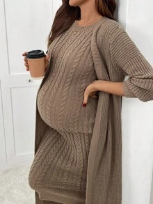 SHEIN 孕妇纯色圆领无袖合身麻花针织毛衣套装 - 卡其色 - 查看 5