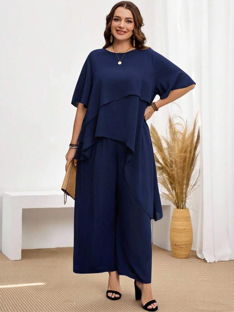 2pcs Plus Size Women Summer Blue Asymmetrical Shirt & Pants Boho Set