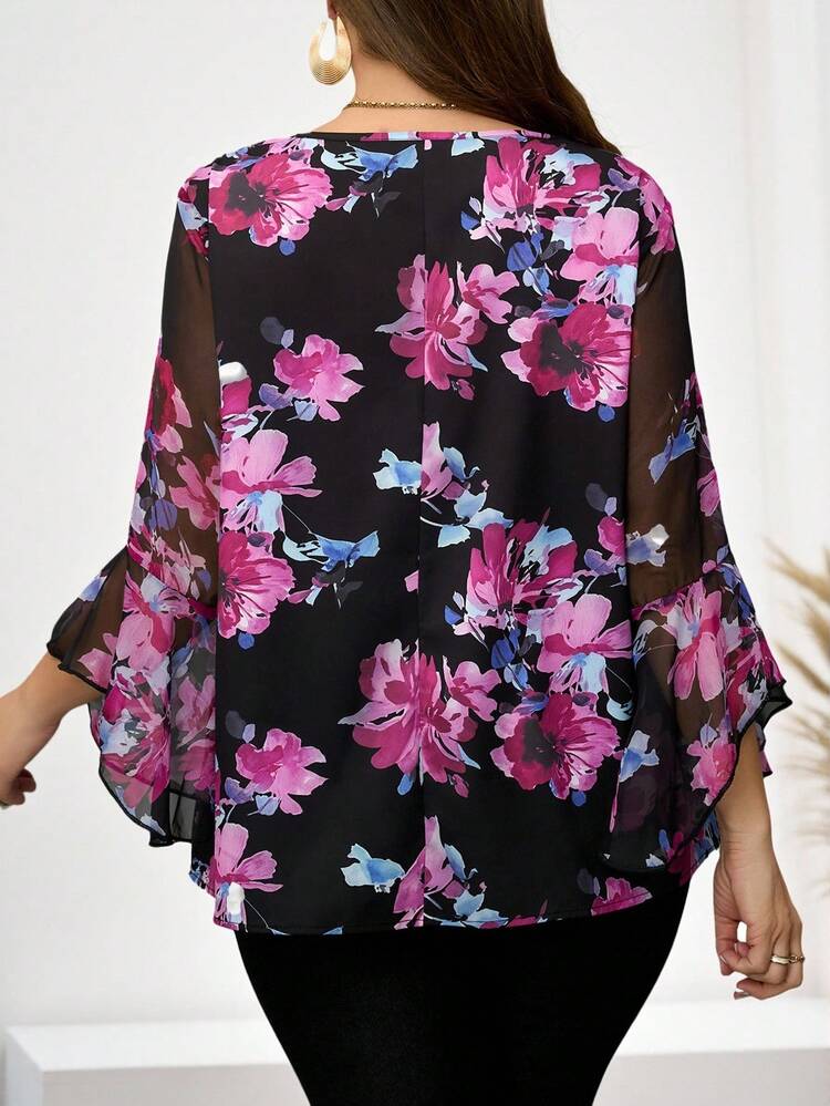 Plus Size Women Pink Floral Print Round Neck Bell Sleeve Elegant Blouse,Early Spring Shirts,Flower/Summer/Vacation