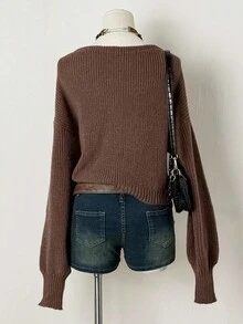 SHEIN Unity Damen einfarbiger gerippter Oversize Lässig Langarm Pullover mit Schulterausschnitt, Damen Brauner Pullover, Herbstpullover, Off-Shoulder Pullover - Khaki - Übersicht 2