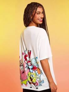 SpongeBob SquarePants | SHEIN Women's Cartoon Pattern White Crew Neck Short Sleeve T-Shirt - White - View 6