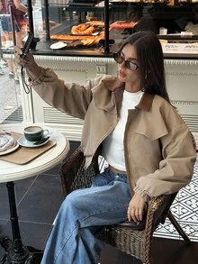 Aloruh Áo khoác dài tay cổ màu tương phản phong cách chuồng trại, áo khoác mùa đông - Cà phê nâu - Xem 2