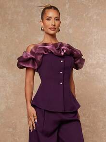 Lumalex 秋冬季聚会宴会低调奢华复古闪耀假日派对狂欢节郊游度假热门户外丰富层次婚礼季宴会成人礼一套露肩夸张欧根纱腰部修身宽松女式两件套奢华舞会证件照宰牲节派对新年 - 紫色 - 查看 2