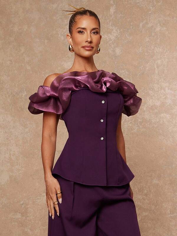 Lumalex Fall Winter Gathering Party Banquet Modest Old Money Coquette Glitter Holiday Party Rave Festival Outing Vacation Hot Outdoor Richly Layered Wedding Season Banquet Coming Of Age Ceremony 1 Set Off-Shoulder Exaggerated Organza Waist Fitted Loose Women Two Pieces Luxury Prom ID Al-Adha Al-Adha Party New Year