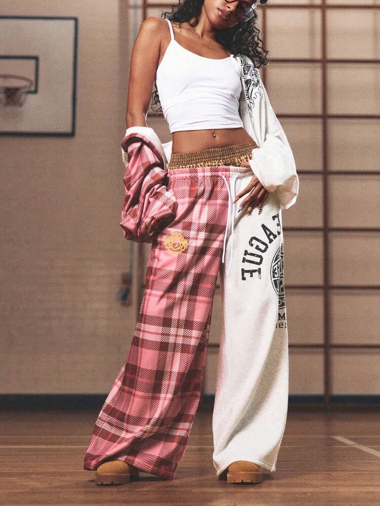 SUMWON WOMEN グラフィック入りカラーブロックチェック柄スウェットパンツ
