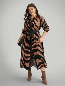 Comfylo Damen Große Größen Zebra-Muster Langarm Einreiher Lässig Hemdblusenkleid - Verschiedenfarbig - Übersicht 5