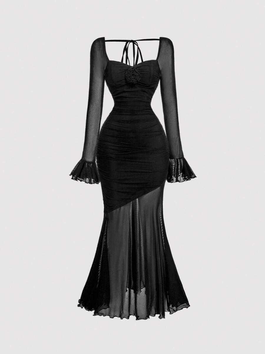 SHEIN MOD 黑色喇叭袖美人鱼连衣裙 - 黑色 - 查看 1