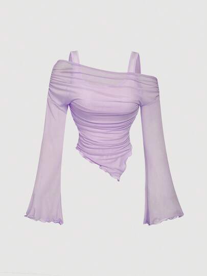 SHEIN MOD Women's Lilac Asymmetric Hem Flared Sleeve T-Shirt,Purple Top,Asymmetrical Tops