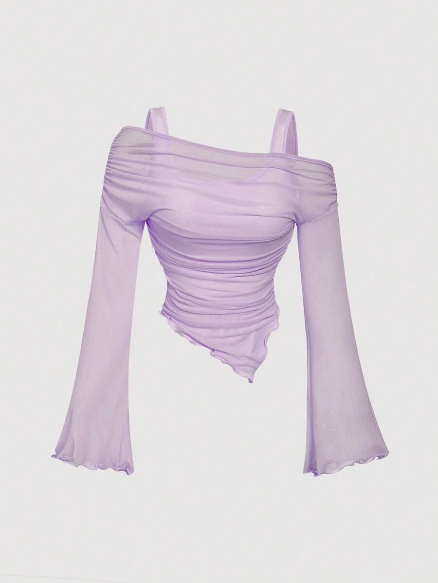 SHEIN MOD 淡紫色不对称下摆喇叭袖 T 恤 - 紫丁香色 - 查看 1