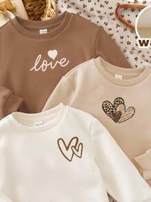 SHEIN Happikins 女婴休闲简约爱心图案加厚保暖长袖卫衣三件套，中性摩卡色系（奶油白、奶油杏色、肉桂色），适合秋冬季节穿着。 - 彩色 - 查看 4