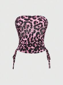ROMWE Spring/Summer Valentine's Day 2pcs Women's Sexy Outfit - Rhinestone Letter & Leopard Print Strapless Crop Top And Drawstring Pants Set - Pink - View 5