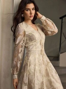 ZEYLAH V-Neck Tie-Up Cutout Long Sleeve Dress, Autumn/Winter - Apricot - View 1