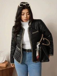 Zelara Plus Size Contrast Color Casual Long Sleeve Padded Coat, Versatile And Warm For Autumn/Winter Black Quilted Jacket Women Women Quilted Jacket Quilted Jacket With Trim Black Jacket With Gold Trim Lightweight Quilted Jacket Cropped Jackets Winter Jackets Autumn Party Fall - Black - View 6