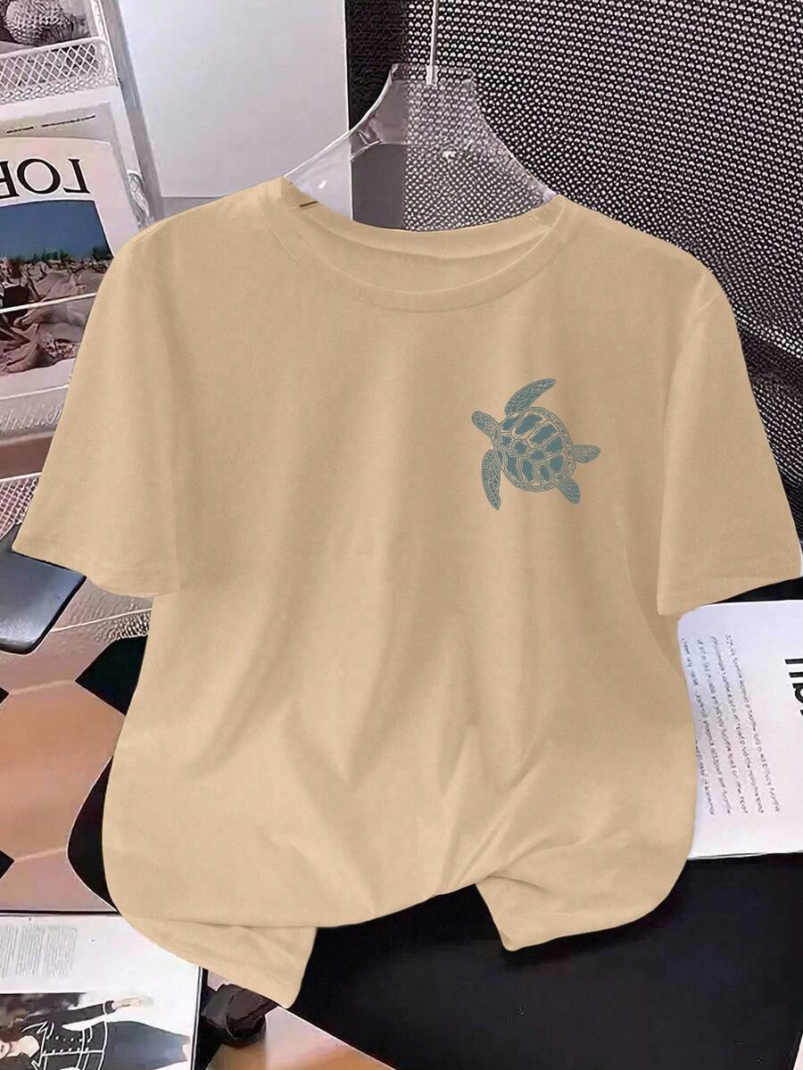 EZwear 宽松休闲海龟和字母图案 T 恤,适合夏季海滩、马里布、冲浪者、水肺潜水回忆、西雅图海滩图案 T 恤女式上衣 - 杏色 - 查看 1