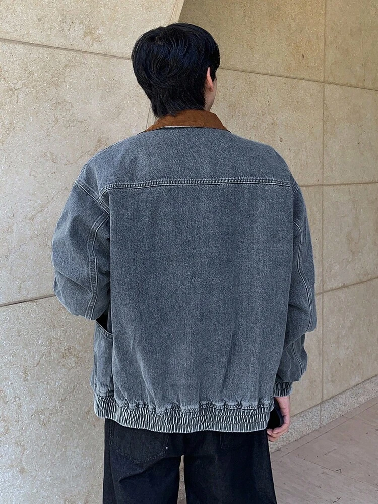 Men's Solid Color Patchwork Collar Blue Washed Denim Jacket, Autumn