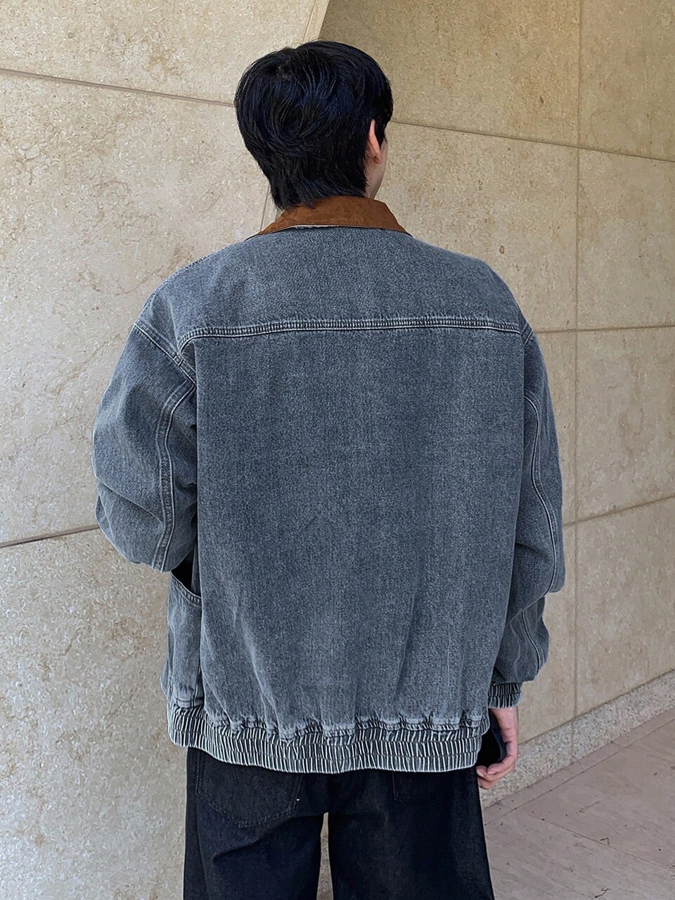 Men's Solid Color Patchwork Collar Blue Washed Denim Jacket, Autumn