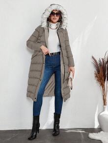 RueChic 女士冬季保暖休闲拉链撞色羊毛饰边连帽加厚外套 - 米色 - 查看 3