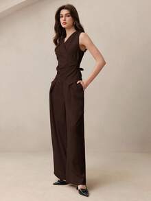 BizChic 紫红色不对称剪裁裹身荷叶边露肩上衣和阔腿裤两件套，现代优雅都市通勤日常浪漫90年代复古风，适合圣诞节、新年、情人节、派对、海滩、毕业典礼、时尚嘉年华、假日、婚礼宾客、早午餐、机场等多种场合。 - 棕色 - 查看 2