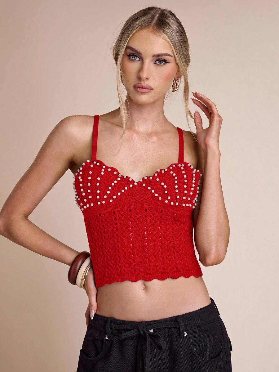 SHEIN BAE Canotta corta aderente in maglia con perle finte, adatta per l'autunno/inverno - Rosso - Visualizzare 1