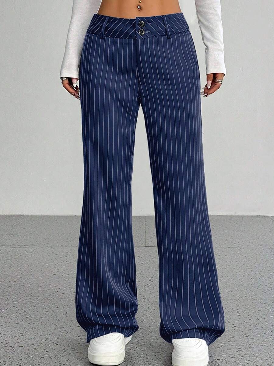 SHEIN Tall 女士竖条纹休闲裤，简约日常穿着 - 藏蓝色 - 查看 1