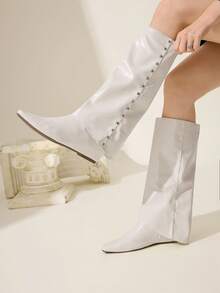CUCCOO CHICEST Women's Fashionable Versatile Solid Color Knee-High Boots - White - View 3