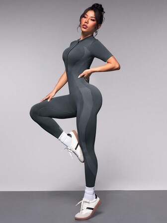 Exploreva Salopetă sport all-in-one pentru femei, pentru exterior, cu fermoar, cu control al abdomenului, foarte elastică