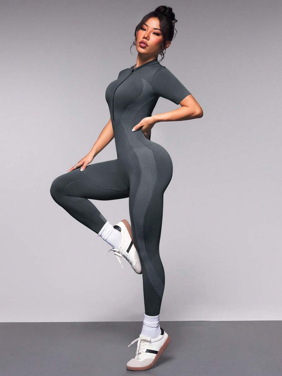 Exploreva Damen Outdoor Ganzanzug für Sport-Training und Fitness, Hoher Stretch Bauchkontrolle Reißverschluss Bodysuit & Hose - Dunkelgrau - Übersicht 1