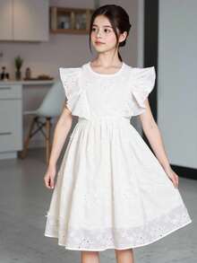 女童白色镂空蕾丝荷叶边短袖休闲度假连衣裙，夏季 - 白色 - 查看 4