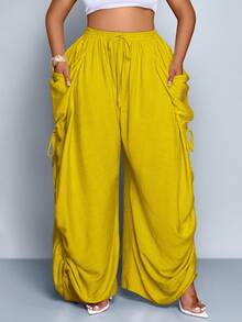 SOLERSUN 大码女式纯色休闲宽松口袋抽绳裤 - 芥末黃 - 查看 6