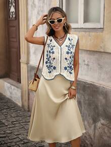 Brillora Women's Floral Embroidery Hollow Out Single-Breasted Casual Knit Vest Autumn Winter Clothes For Women