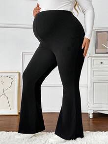 SHEIN Autumn And Winter Plus Size Maternity Solid Color Adjustable Waist Casual Flared Thermal Lined Pants, Autumn/Winter Flare Pants Maternity Pants Plus Size Flare Pants Maternity Clothes Pregnancy Pants