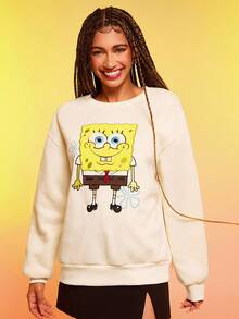 SpongeBob SquarePants | SHEIN 女士休闲卡通图案宽松落肩卫衣，秋季 - 杏色 - 查看 4