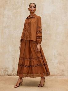 SHEIN Privé VITNOS Women's Elegant Autumn Skirt,All Shades Of Brown Bohemian Drawstring Waist Contrast Lace Ruffle Hem,Vintage Victorian Style For Tea Party - Brown - View 7