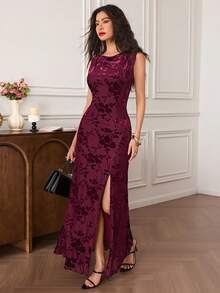 EastFlair 女式无袖花卉印花开衩连衣裙 - 酒紅色 - 查看 2