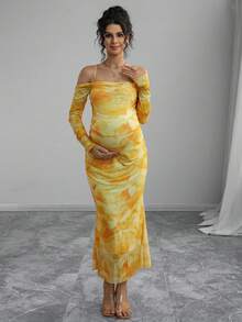 Momance Adjustable Waist Off-Shoulder Long Sleeve Tie-Dye Print Elegant Maternity Dress - Yellow - View 3