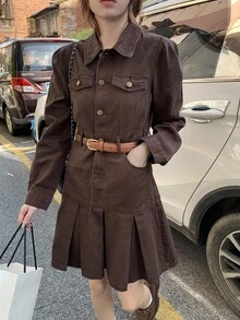DAZY Gaun Denim Lipit Saku Warna Polos Kasual Wanita, Cocok untuk Sekolah Musim Gugur - Coklat - View 1