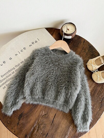 LMoss Kids LMoss Young Girls White Elegant Fluffy Collar Sweater, Suitable For Casual Wear, Home And Outdoor Fall Winter