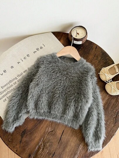 LMoss Kids LMoss Young 女童白色优雅蓬松领毛衣，适合秋冬休闲居家户外穿着