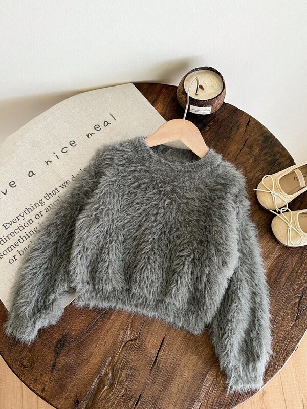 LMoss Kids LMoss Young Girls White Elegant Fluffy Collar Sweater, Suitable For Casual Wear, Home And Outdoor Fall Winter