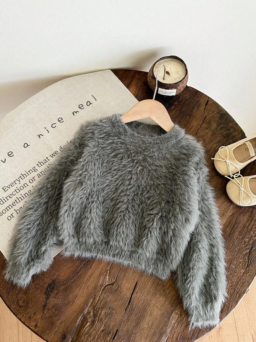 LMoss Kids LMoss Young 女童白色优雅蓬松领毛衣，适合秋冬休闲居家户外穿着