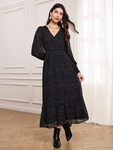 Medorina 秋冬女款優雅法式波點洋裝，彈性袖口與泡泡袖設計，雪紡日常派對黑白波點洋裝 - 黑色 - 查看 10
