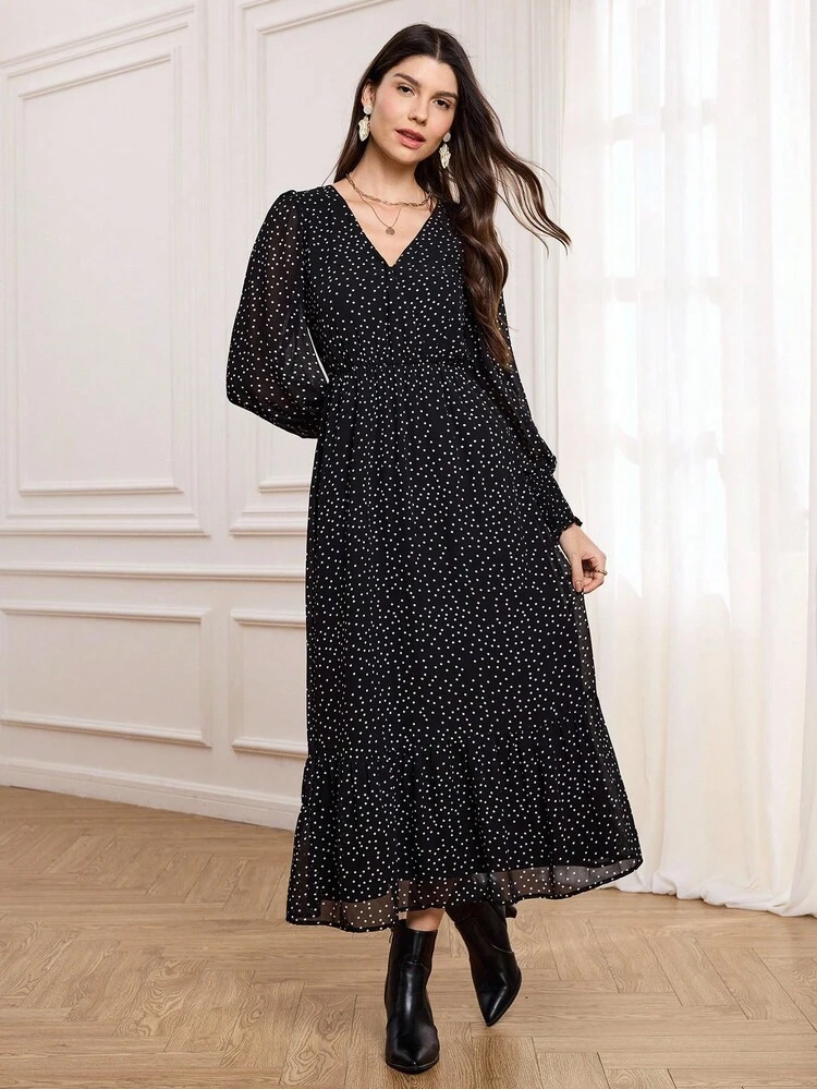 Fall/Winter Women's Polka Elegant Dress For Women In Autumn And Winter, With Elastic Cuffs And Puff Sleeves, Elegant Chiffon Dress