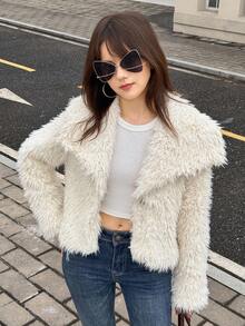 少女街头风格基础款休闲奢华派对仿毛领保暖厚外套，秋冬 - 白色 - 查看 2