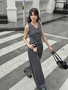 2pcs Set: Elegant Striped Vest + Suit Pants For Teens, Urban Commuting & Party Outfit - Grey - View 6