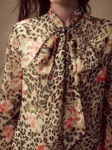 MOTF PREMIUM 女式复古豹纹优雅长袖衬衫，秋季 - 棕色 - 查看 4