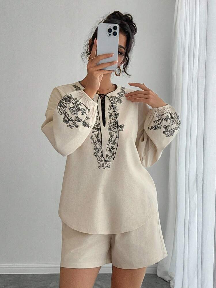 Vintage Vacation Long Sleeve Top And Shorts Set, 2pcs/Set For Women Lounge Sets For Women